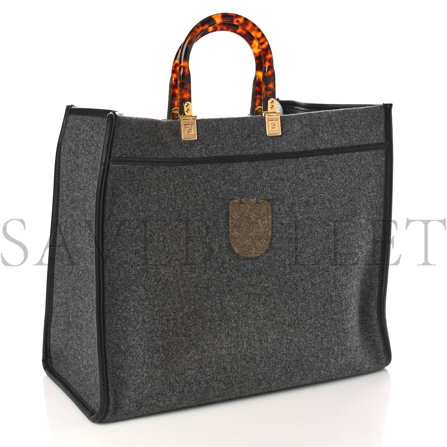 FENDI MELANGE FLANNEL PLEXIGLASS SATIN LOGO EMBROIDERED THREADED EDGE LARGE FENDI SUNSHINE SHOPPER TOTE GRIGIO BLACK (40*34*20cm)