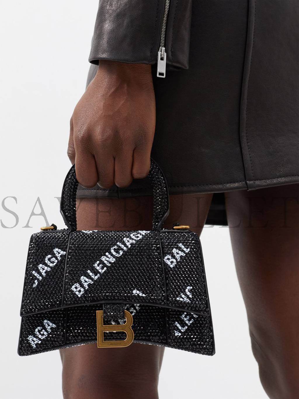 BALENCIAGA BLACK HOURGLASS XS CRYSTAL-EMBELLISHED HANDBAG MATCHESFASHION US (19*12*6.6cm)