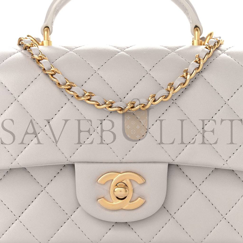 CHANEL LAMBSKIN QUILTED MINI TOP HANDLE RECTANGULAR FLAP GREY GOLD HARDWARE (20*13*6cm)