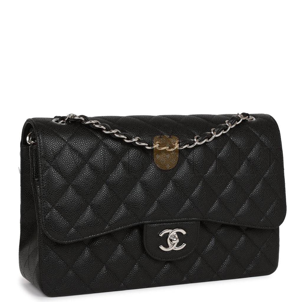 CHANEL JUMBO CLASSIC DOUBLE FLAP BAG BLACK CAVIAR SILVER HARDWARE (30*20*9cm)