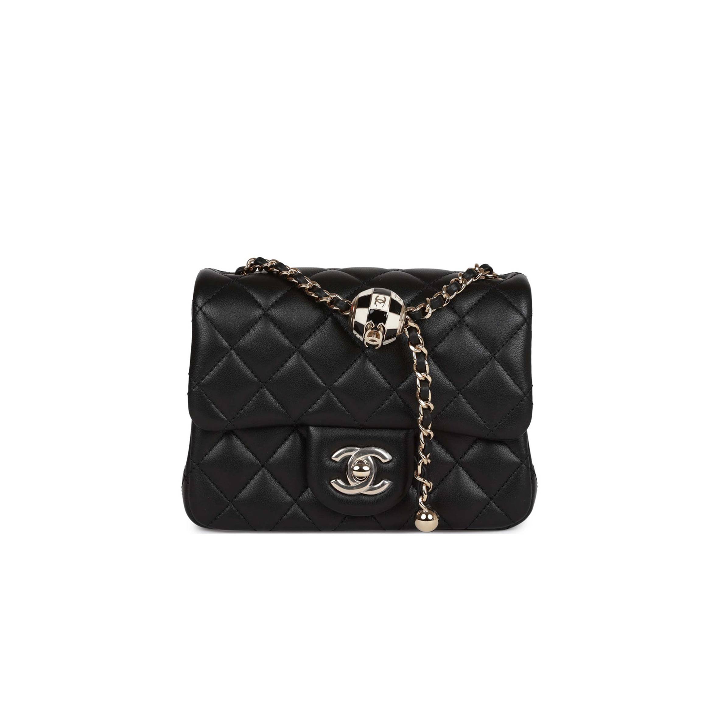 CHANEL PEARL CRUSH MINI SQUARE FLAP BAG BLACK LAMBSKIN LIGHT GOLD HARDWARE (17*14*8cm)