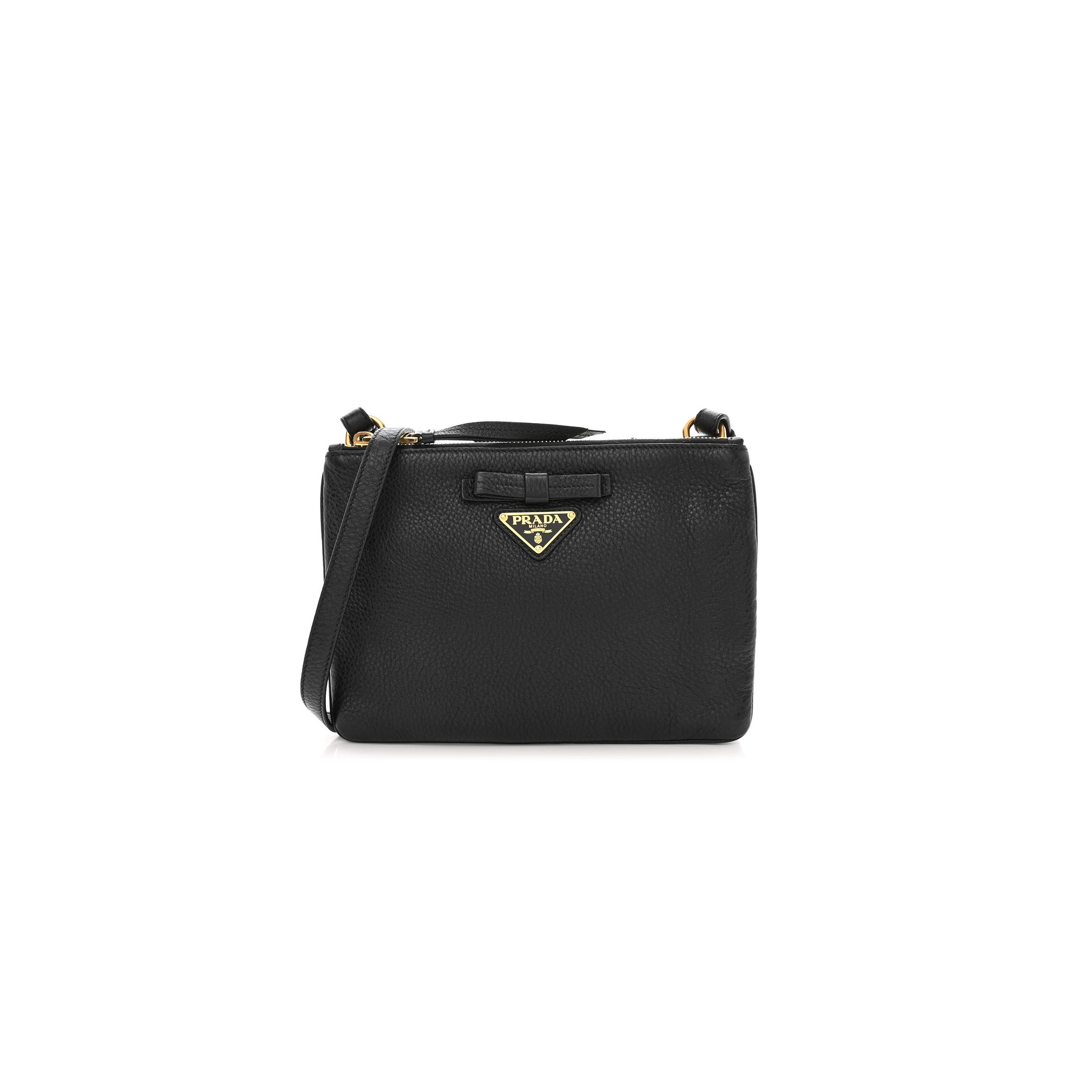 PRADA VITELLO DAINO DOUBLE ZIP CROSSBODY BAG BLACK (24*17*2cm)