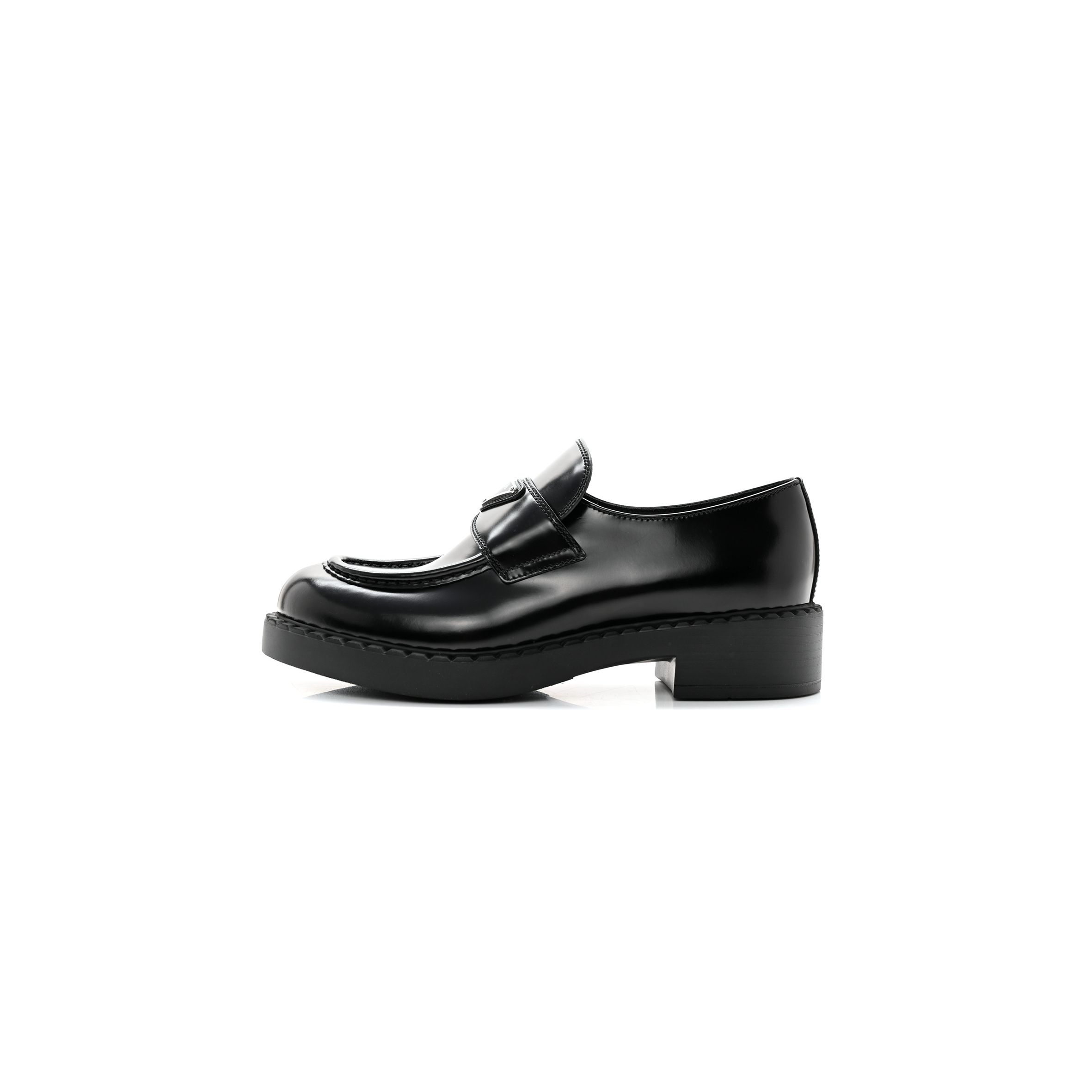 PRADA SPAZZOLATO METAL TRIANGLE LOGO 50MM LOAFERS 40 BLACK