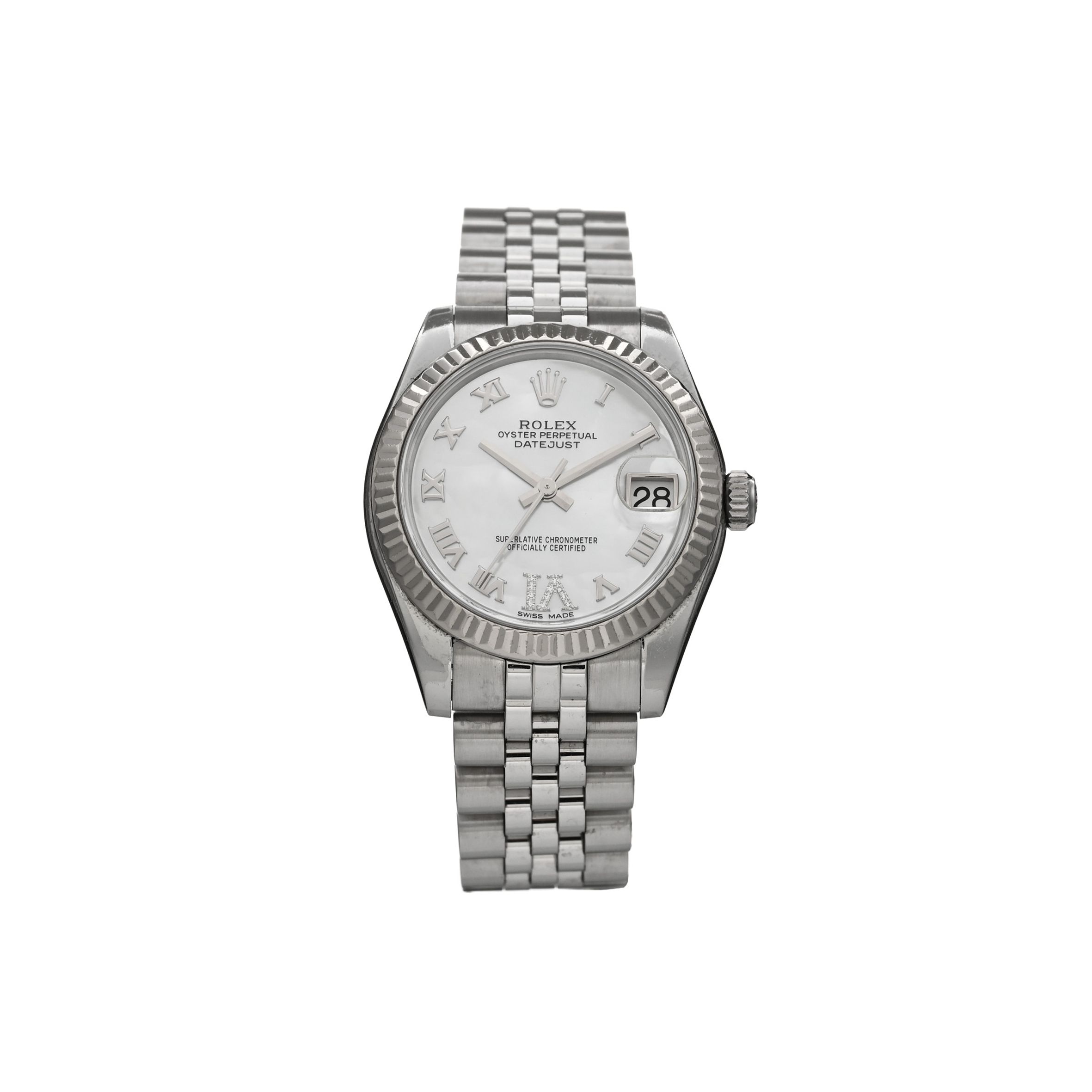 ROLEX STAINLESS STEEL 18K WHITE GOLD DIAMOND MOTHER OF PEARL 31MM OYSTER PERPETUAL DATEJUST WATCH ROMAN 178274