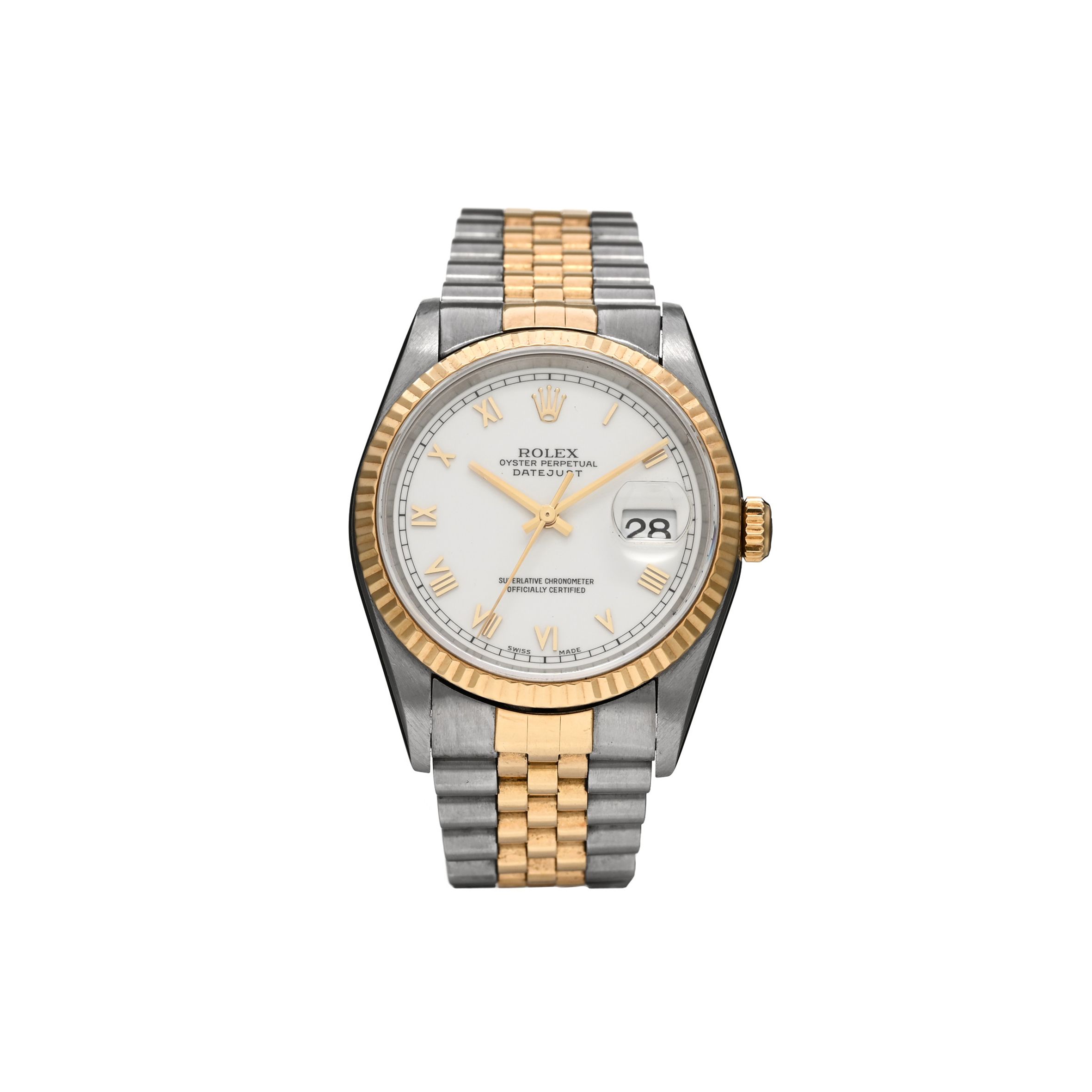 ROLEX STAINLESS STEEL 18K YELLOW GOLD 36MM OYSTER PERPETUAL DATEJUST WATCH WHITE ROMAN 16233