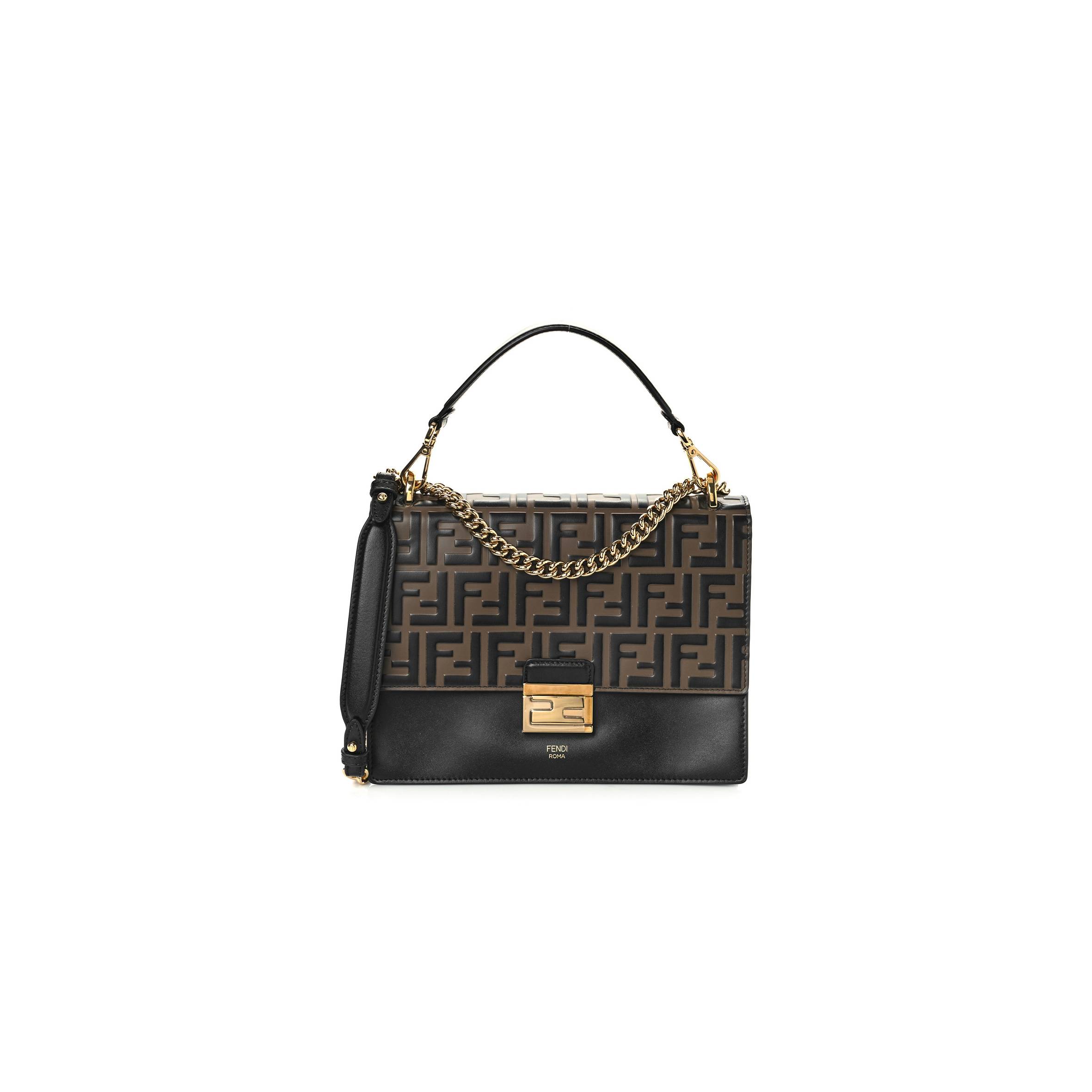 FENDI VITELLO LIBERTY BI-COLOR FF 1974 EMBOSSED CHAIN STRAP KAN U SHOULDER BAG BLACK MAYA (25*20*8cm)